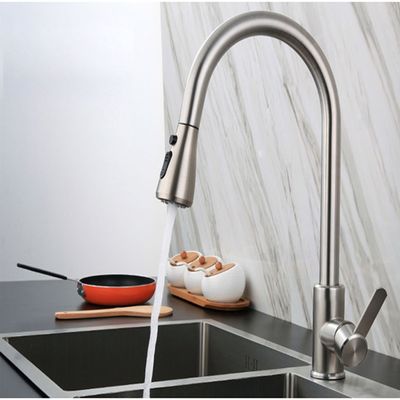 OEM Brushed SS Telescoping Dish Washing Faucet Dual Handle ปลอดภัยไร้สารตะกั่ว